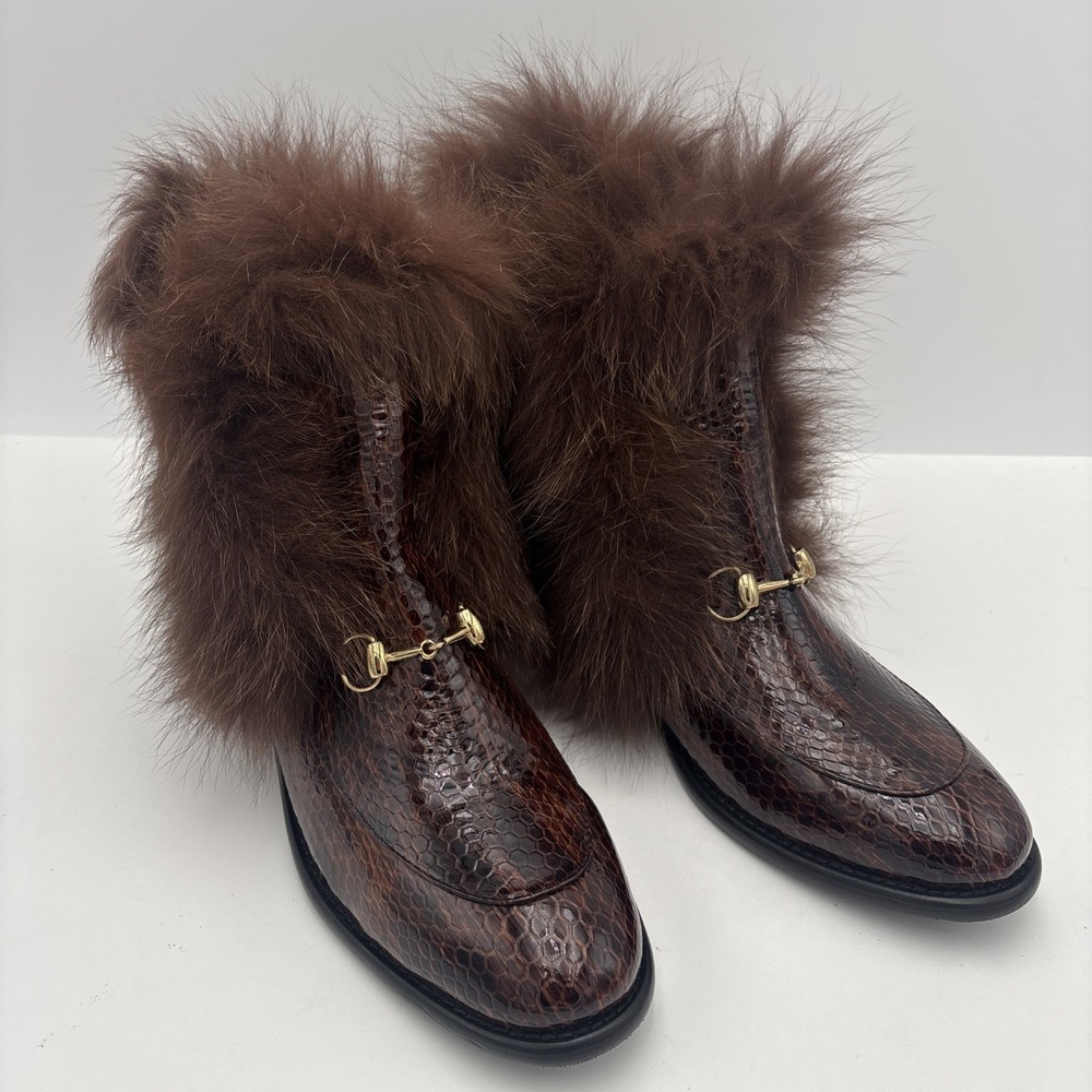 Vince Women's Brown Snakeskin Leather Ankle Boots Fur Trim Gold Bit Detail Sz 42